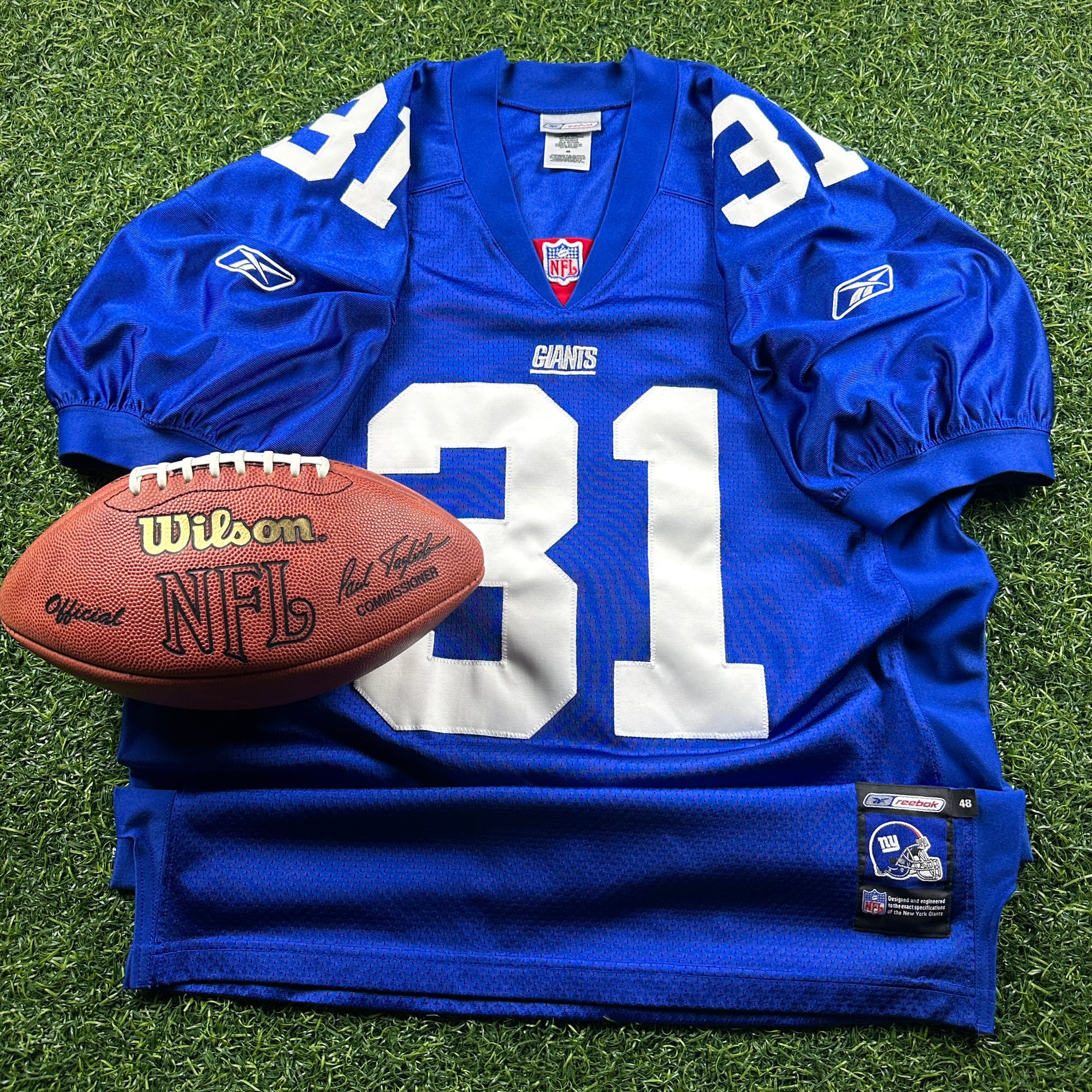2001 Reebok NFL Authentic Jersey New York Giants Jason Sehorn Sz. 48 Helmet Tag