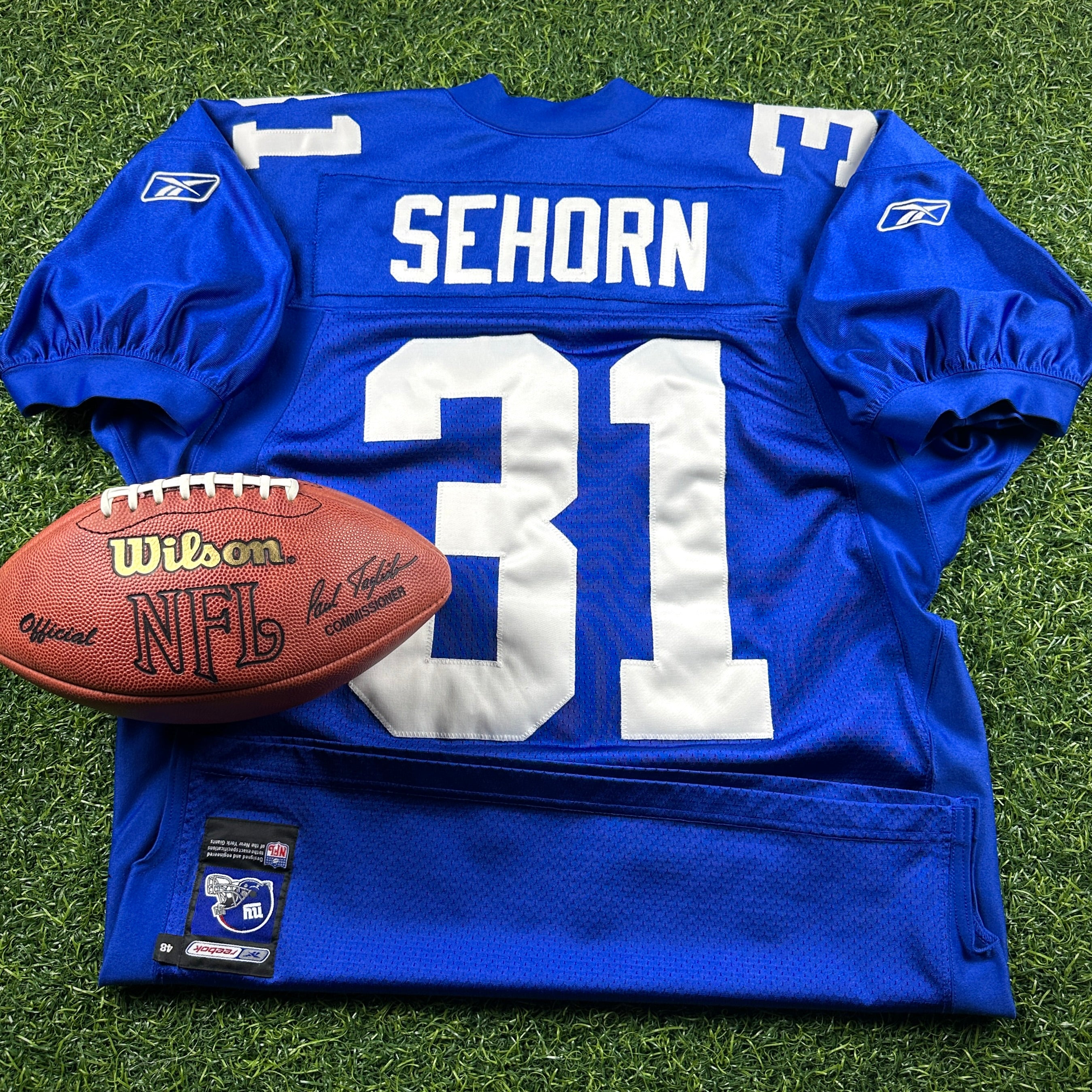 2001 Reebok NFL Authentic Jersey New York Giants Jason Sehorn Sz. 48 Helmet Tag