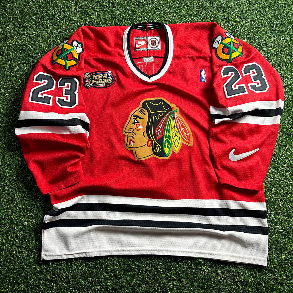 1998 Nike NHL X NBA Mashup Jersey Chicago Bulls Blackhawks Michael Jordan Red Sz. L