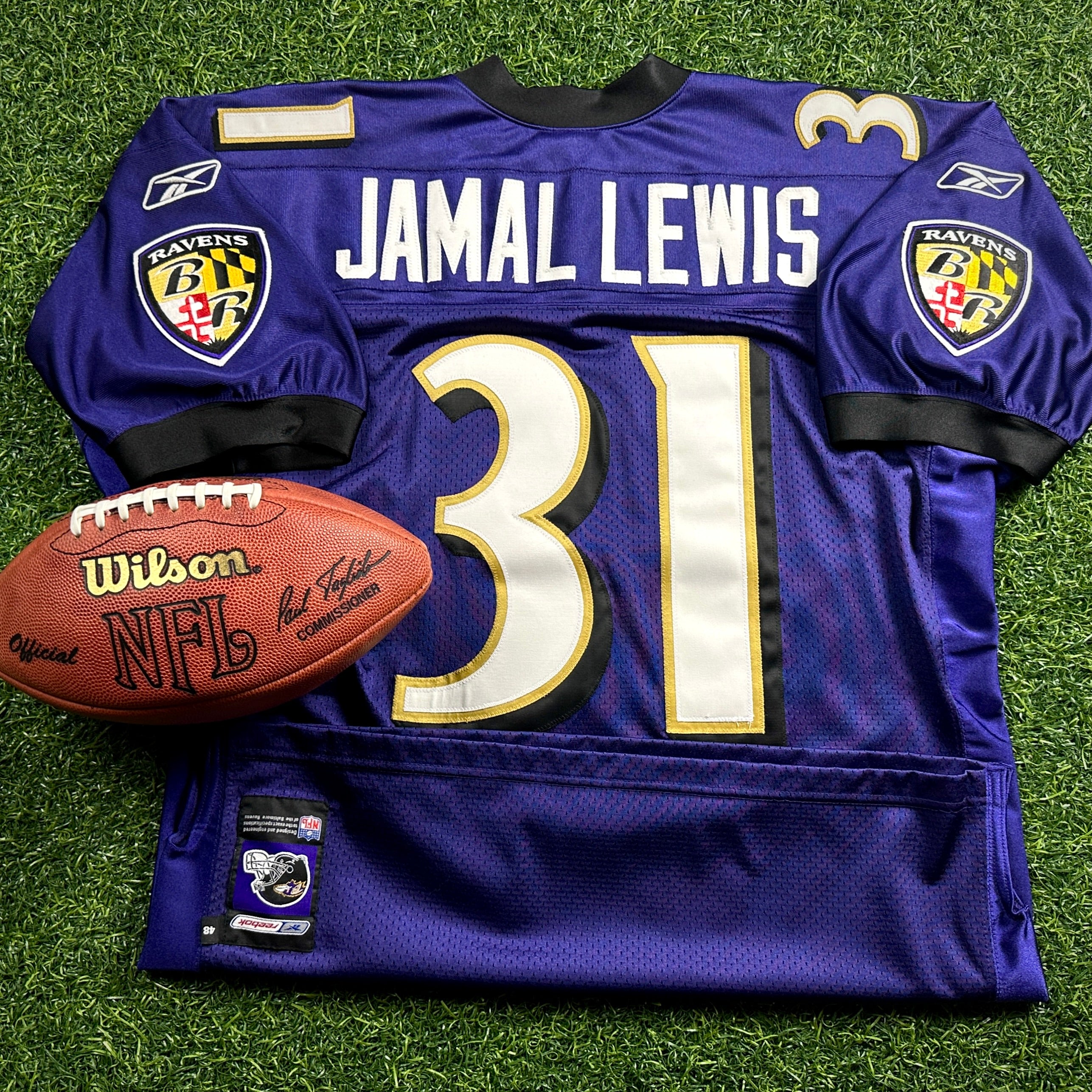 2001 Reebok NFL Authentic Jersey Baltimore Ravens Jamal Lewis Sz. 48 Helmet Tag