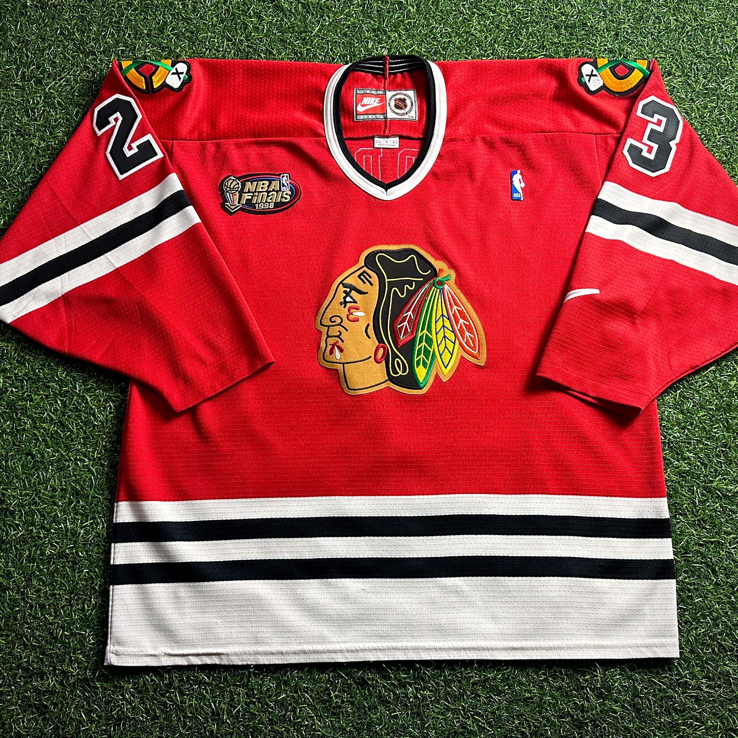1998 Nike NHL X NBA Mashup Jersey Chicago Bulls Blackhawks Michael Jordan Red Sz. L