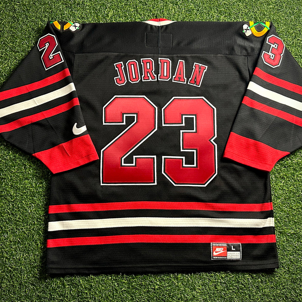 1998 Nike NHL X NBA Mashup Jersey Chicago Bulls Blackhawks Michael Jordan Black Sz. L