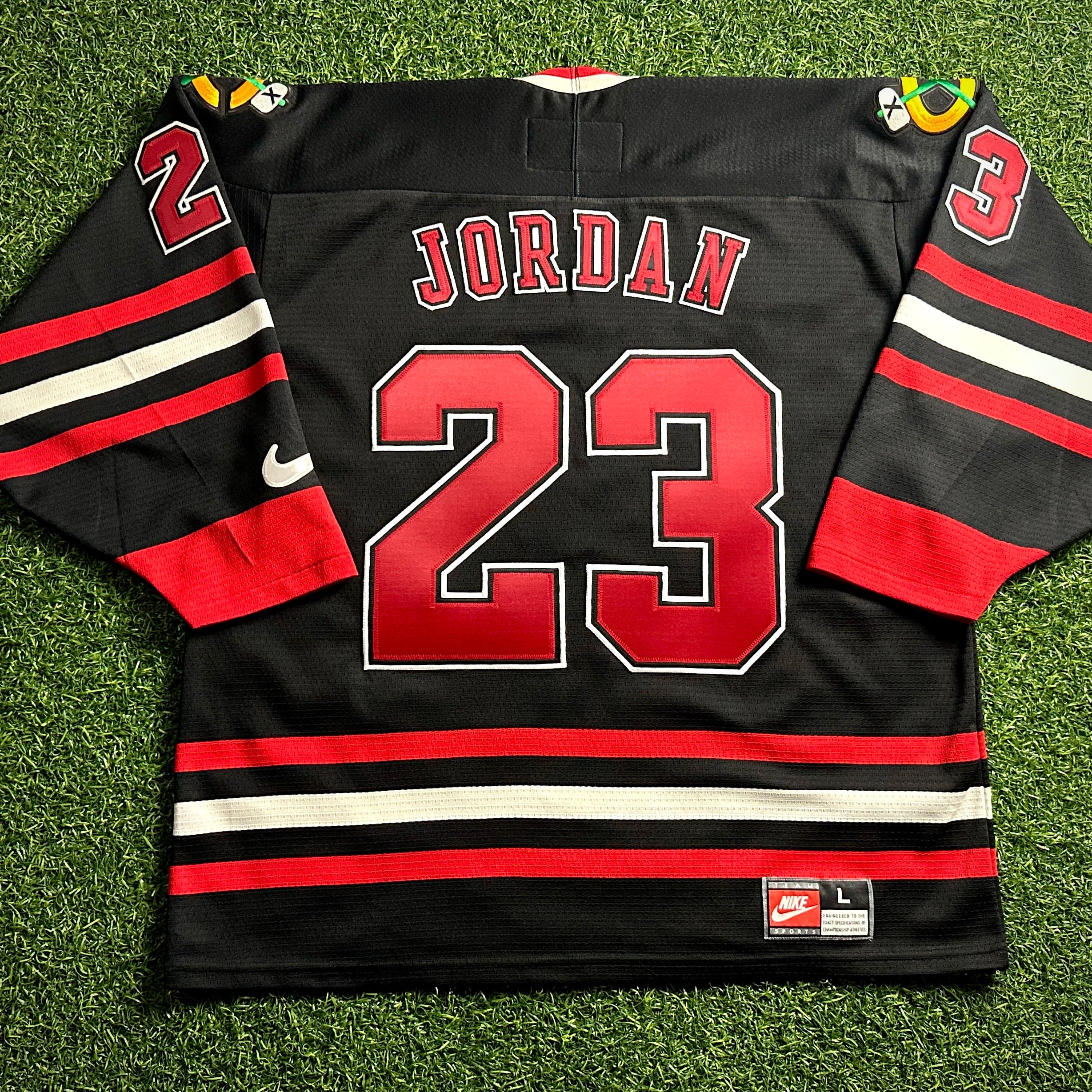 1998 Nike NHL X NBA Mashup Jersey Chicago Bulls Blackhawks Michael Jordan Black Sz. L