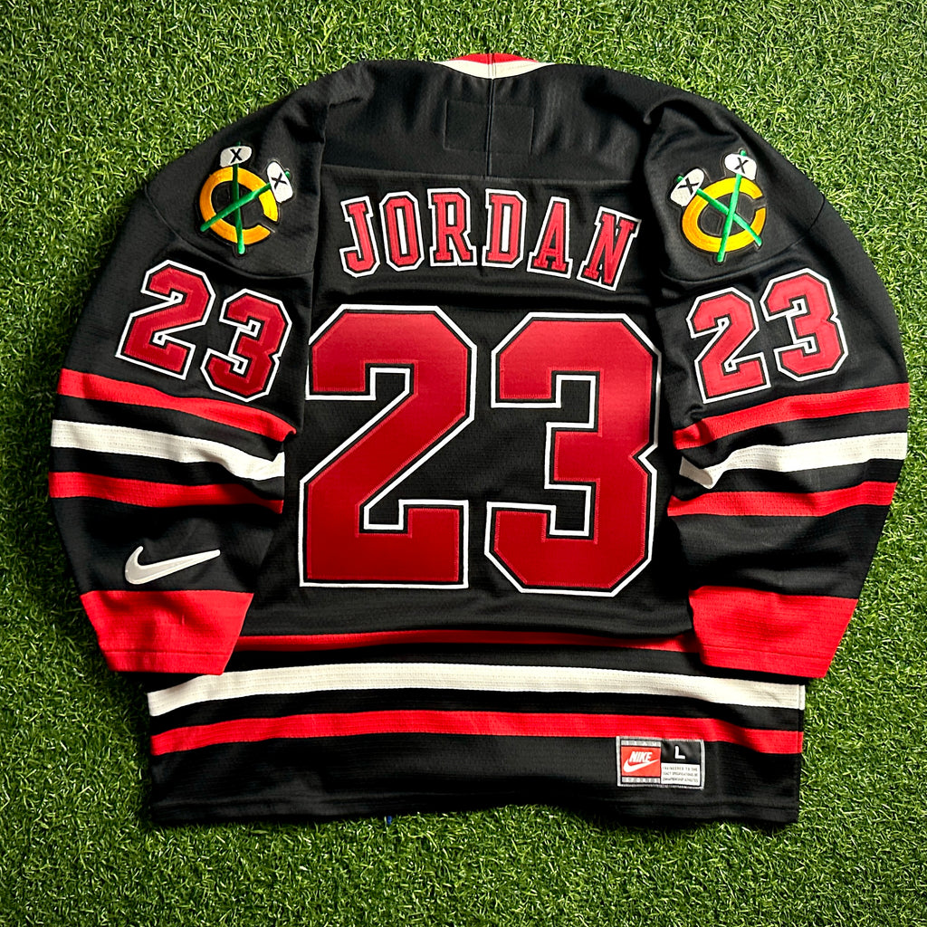 1998 Nike NHL X NBA Mashup Jersey Chicago Bulls Blackhawks Michael Jordan Black Sz. L