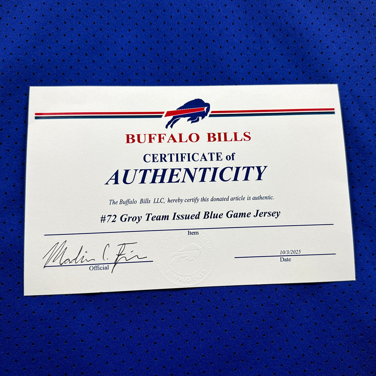 2017 Nike NFL Game-Used Jersey Buffalo Bills Ryan Groy Sz. 50 LINE Team COA