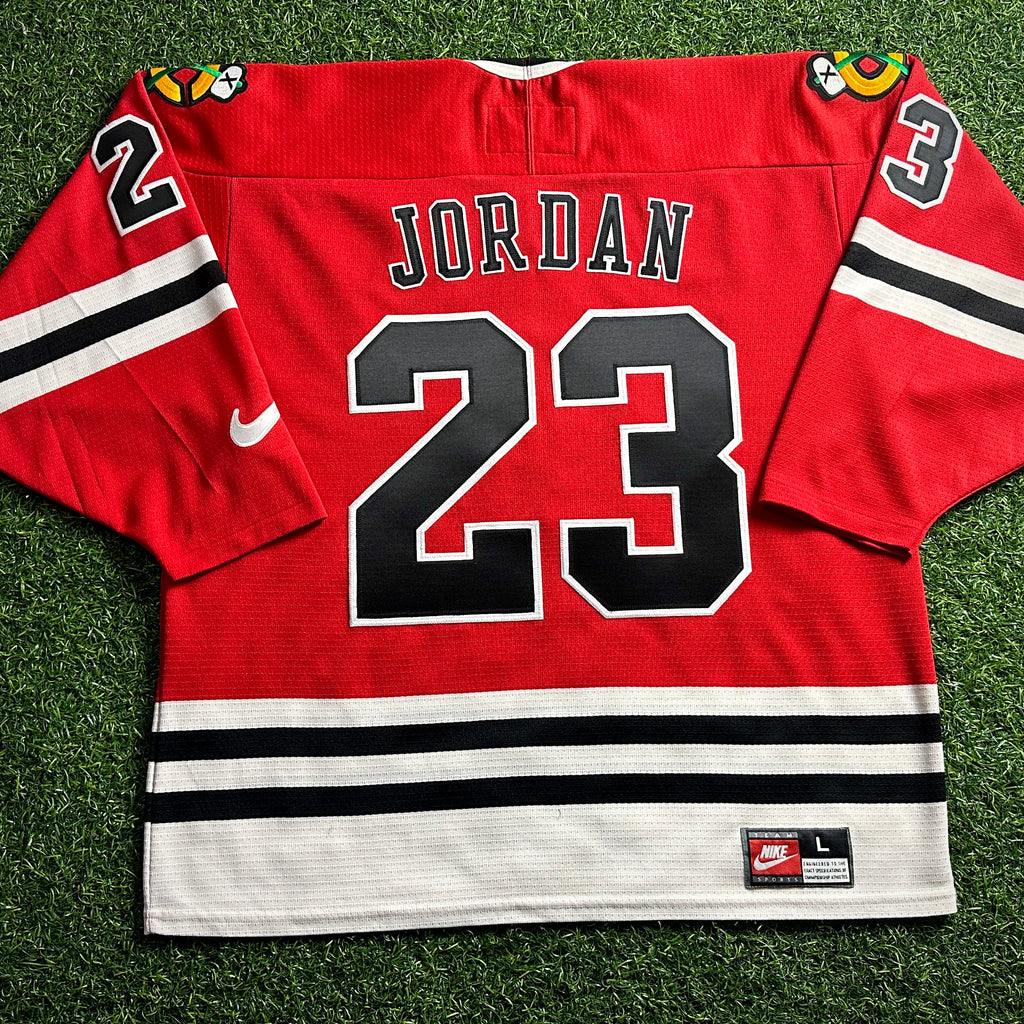 1998 Nike NHL X NBA Mashup Jersey Chicago Bulls Blackhawks Michael Jordan Red Sz. L