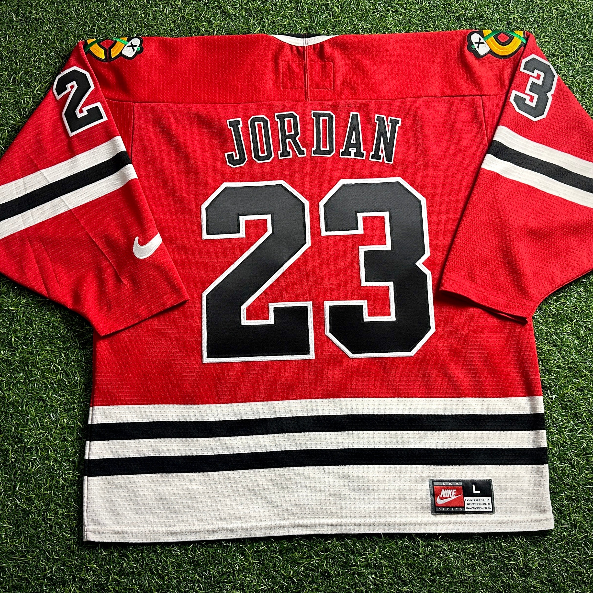 1998 Nike NHL X NBA Mashup Jersey Chicago Bulls Blackhawks Michael Jordan Red Sz. L