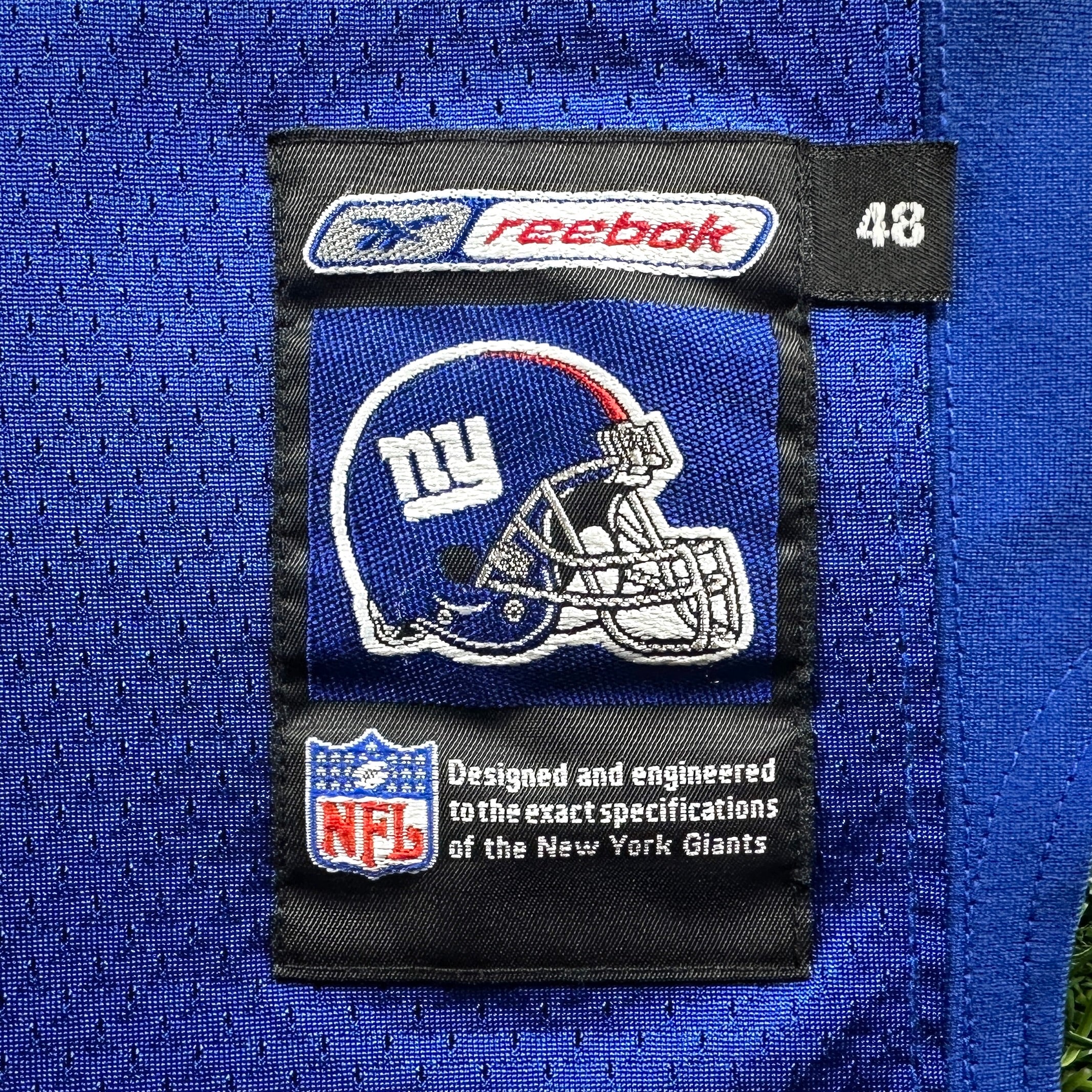 2001 Reebok NFL Authentic Jersey New York Giants Jason Sehorn Sz. 48 Helmet Tag