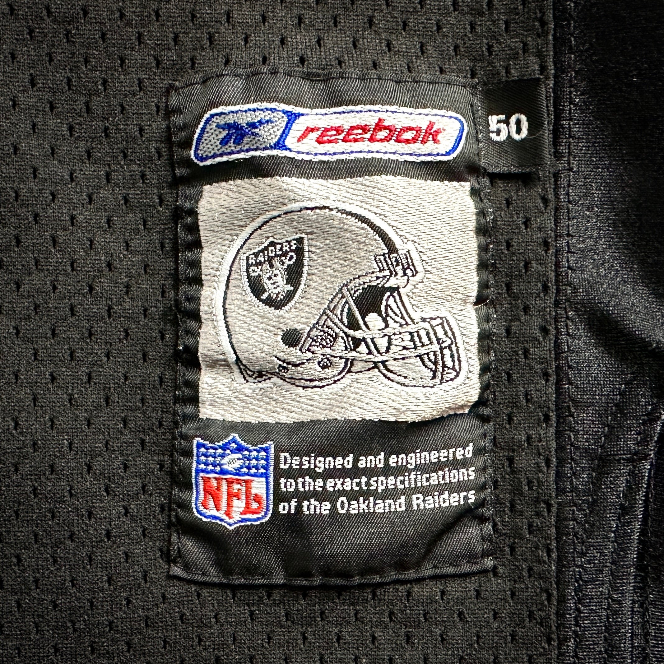2001 Reebok NFL Authentic Jersey Oakland Raiders Rich Gannon Sz. 50 Vintage Helmet Tag
