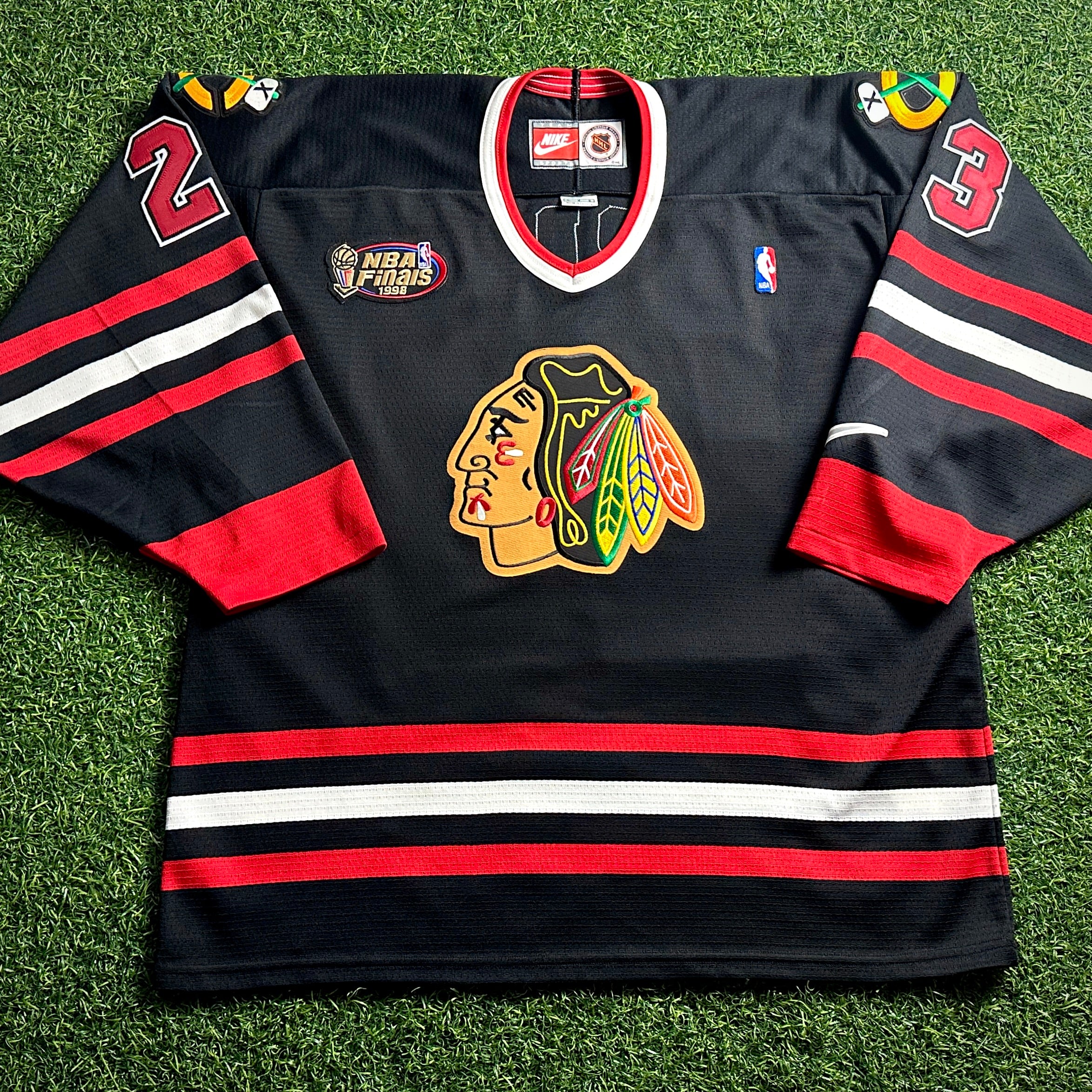1998 Nike NHL X NBA Mashup Jersey Chicago Bulls Blackhawks Michael Jordan Black Sz. L
