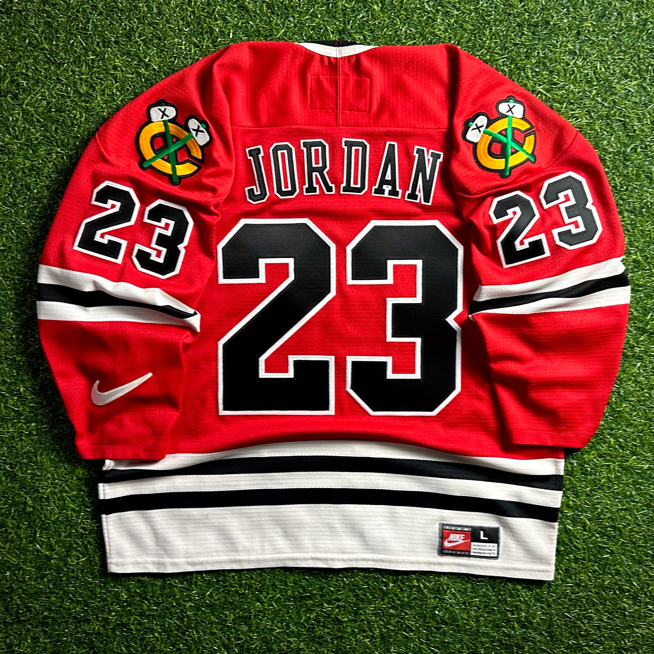 1998 Nike NHL X NBA Mashup Jersey Chicago Bulls Blackhawks Michael Jordan Red Sz. L