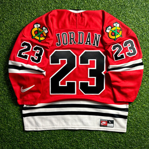 1998 Nike NHL X NBA Mashup Jersey Chicago Bulls Blackhawks Michael Jordan Red Sz. L
