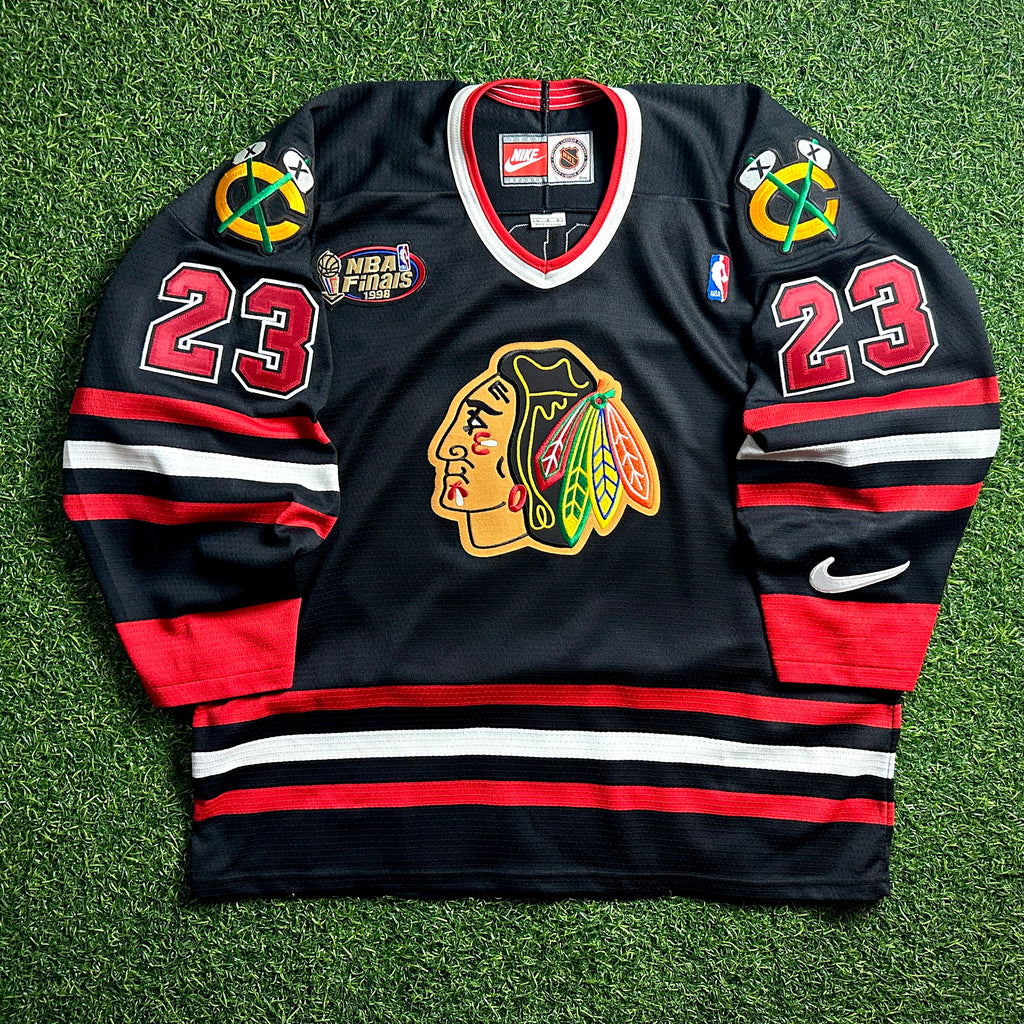 1998 Nike NHL X NBA Mashup Jersey Chicago Bulls Blackhawks Michael Jordan Black Sz. L