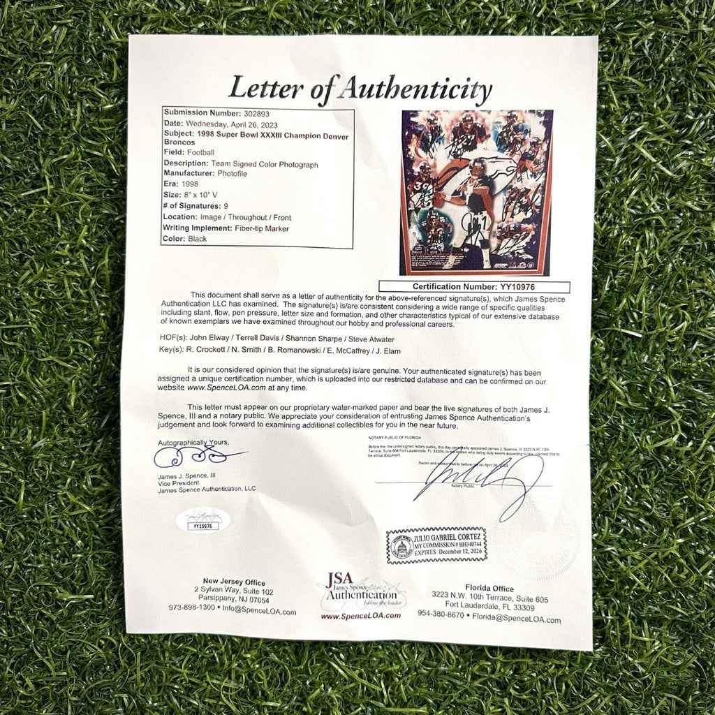 1998 NFL Autograph 8x10 Photo Denver Broncos 9 Players JSA COA